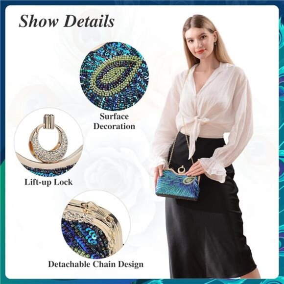 Beaded Bag Sequin Peacock Evening Clutch Purse for Women Formal Evening Blue - Picture 3 of 9